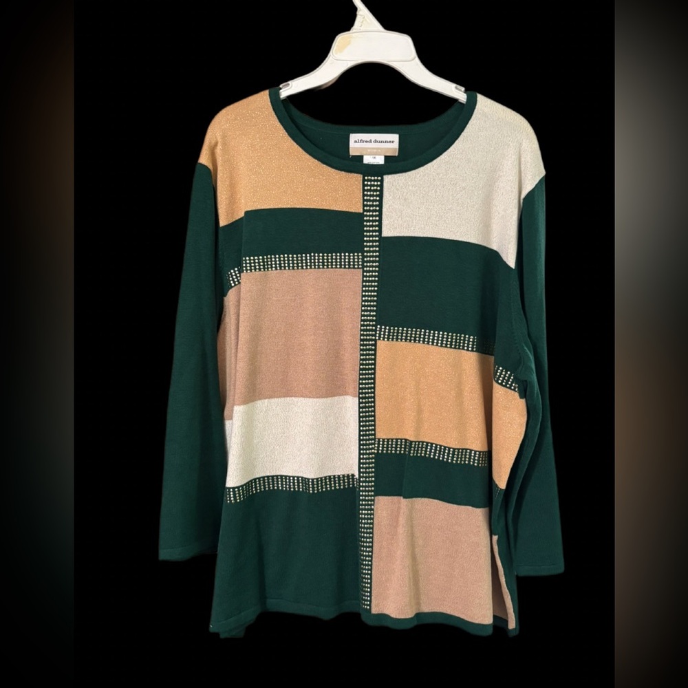 Alfred Dunner Women's Patchwork Sweater - Green, Cream, Tan Never Worn